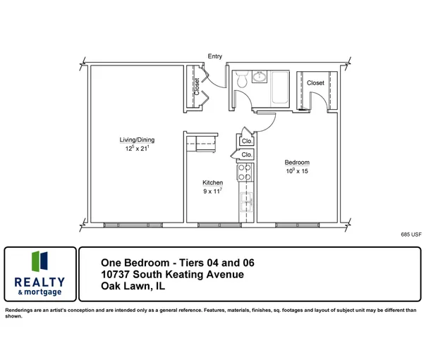10737 South Keating Tiers 4 and 6 One Bedroom Floor Plan.