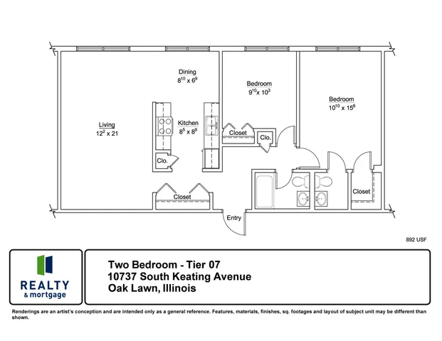 10737 South Keating Tier 7 Two Bedroom 1.5 Bathroom Floor Plan.