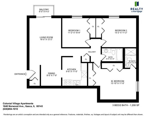 Colonial Village three bedroom apartment floor plan with dimensions, including a living room, kitchen, bathroom, and patio/balcony.