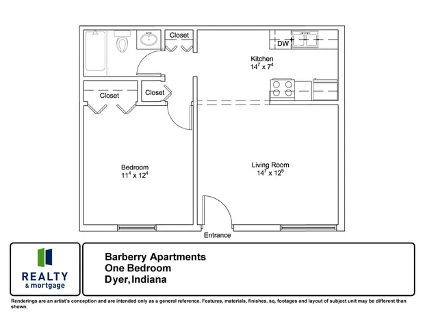 Barberry Apartments One Bedroom Floor Plan.
