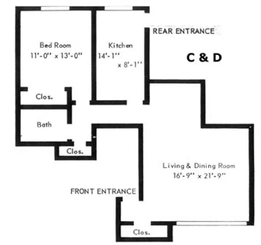 Garden House Apartments One Bedroom C & D Floor Plan.