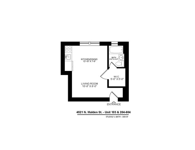 4521 North Malden apartments 103, 204-604 studio floor plan.