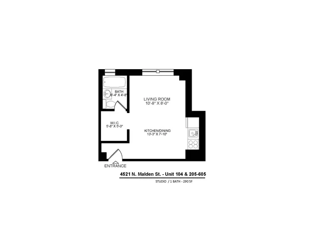 4521 North Malden apartments 205-605 studio floor plan.