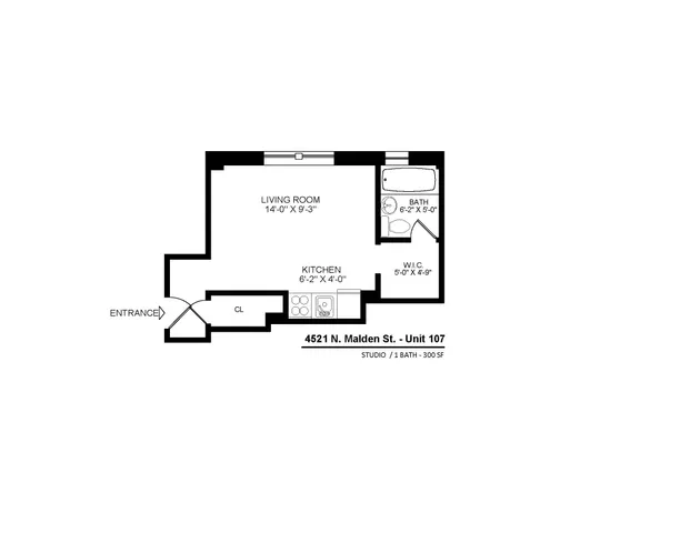 4521 North Malden Apartment 107 studio floor plan.