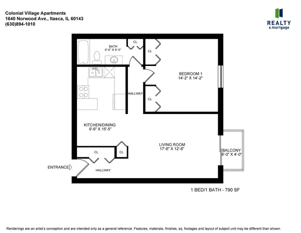 Colonial Village One Bedroom Apartment Floor Plan - 790 Square Feet