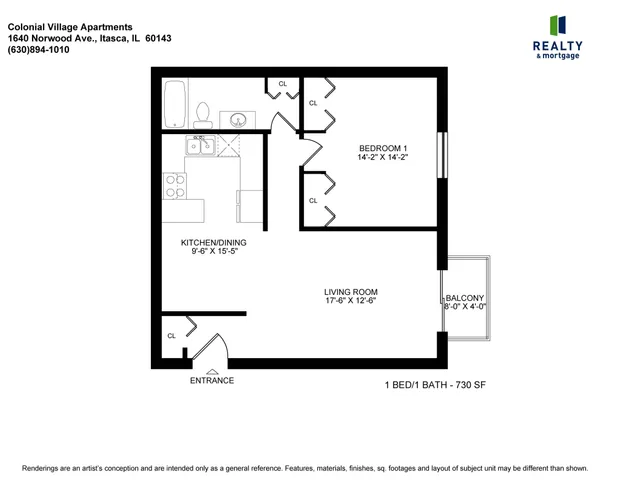 Colonial Village One Bedroom Cozy Floor Plan - 730 Square Feet
