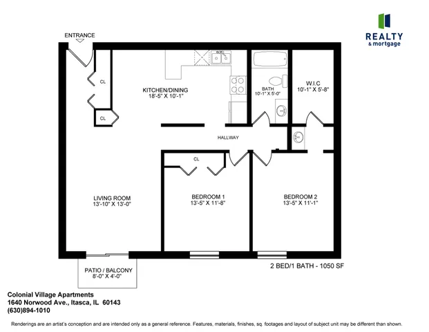 Colonial Village Two bedroom Garden apartment floor plan with dimensions, including a living room, kitchen, bathroom, and patio/balcony, for colonial village apartments.