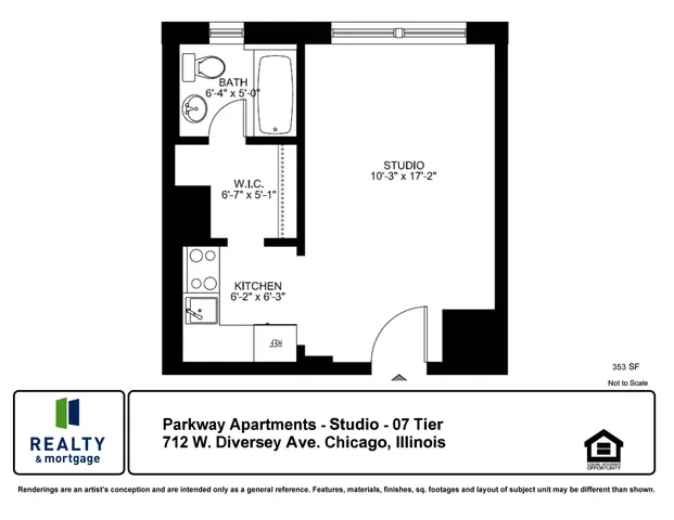 Tier 7 Floorplan drawing with Studio apartment 353 Square feet