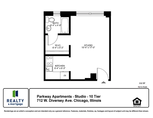 Studio floorplan 10 tier 332 Square feet