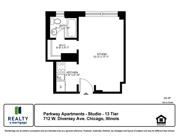 Studio floorplan 13 tier 325 square feet