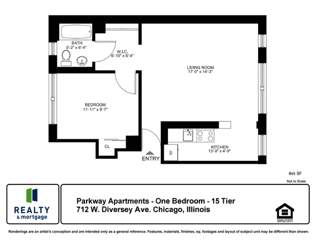 One bedroom floorplan 15 tier 645 square feet