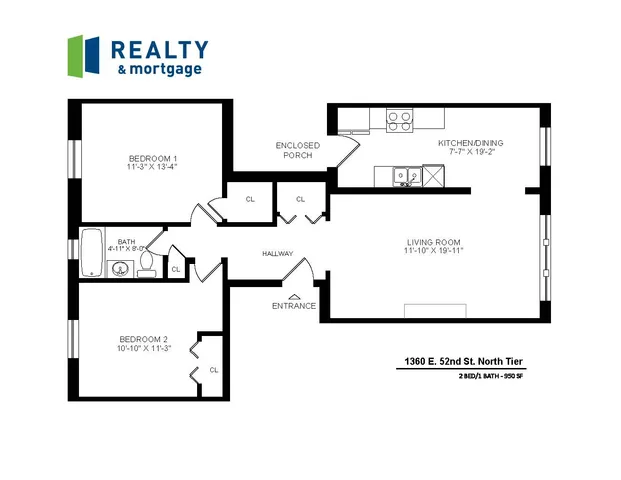 1360 East 52nd Street North Tier 950 Square Foot Two Bedroom Floor Plan.