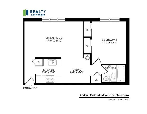 424 West Oakdale one bedroom floor plan - 590 square feet.