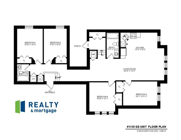 1128 East Hyde Park Boulevard Garden South 1,460 Square Foot Four Bedroom Two Bath Floor Plan.
