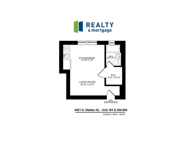 4521 North Malden apartments 103, 204-604 studio floor plan.