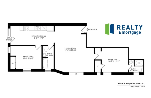 5326 South Harper Apartment 1C 1,030 Square Foot Two Bedroom Two Bathroom Floor Plan.