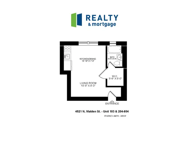 4521 North Malden apartments 103, 204-604 studio floor plan.
