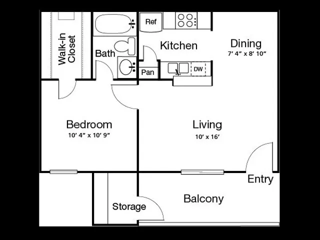 A1 Floorplan: 1 Bedroom, 1 Bathroom