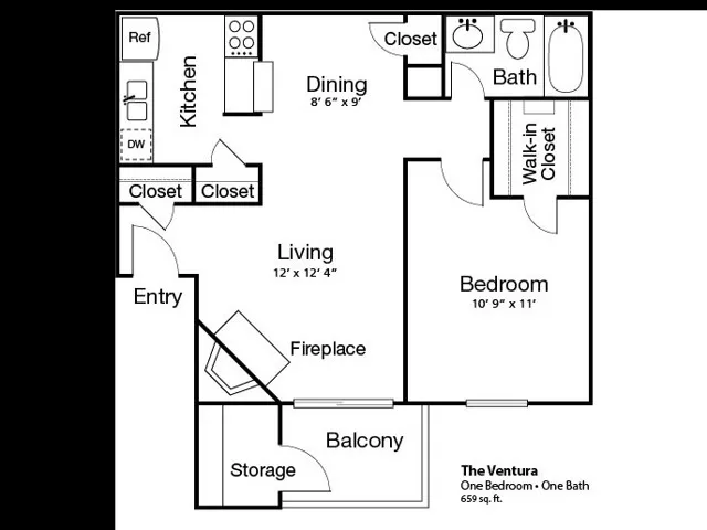A280 Floorplan: 1 Bedroom, 1 Bathroom