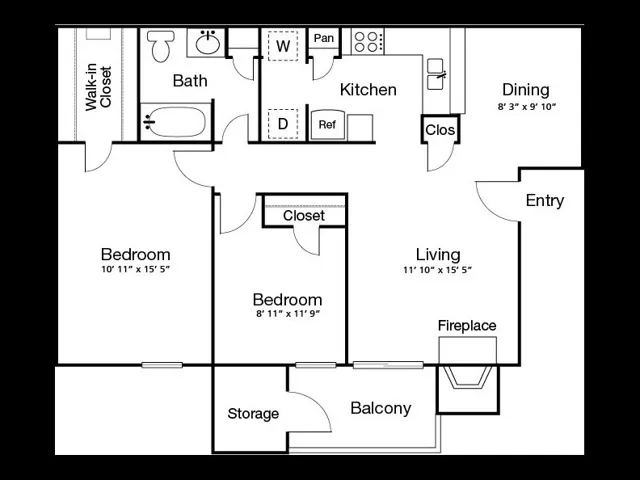 B1 Floorplan: 2 Bedroom, 1 Bathroom