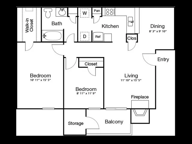 B180 Floorplan: 2 Bedroom, 1 Bathroom