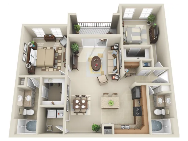 B1a Floorplan: 2 Bedroom, 2 Bathroom