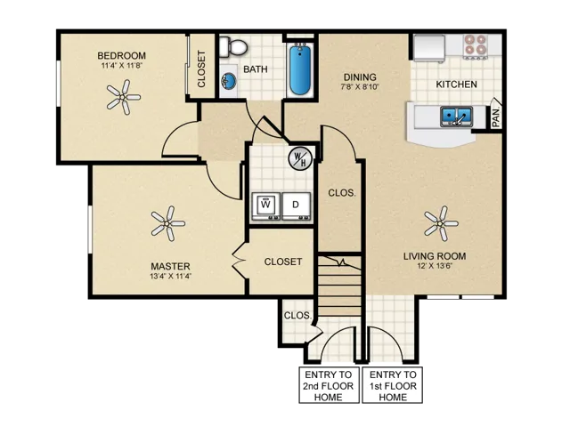 C Floorplan:2 Bedroom, 1 Bathroom