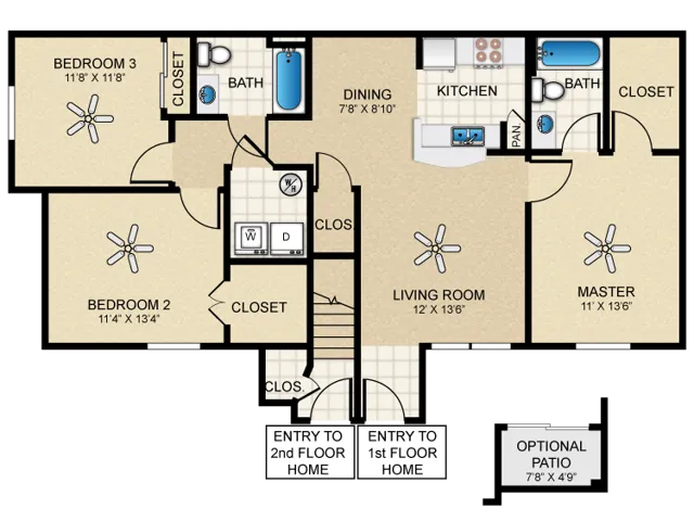 E80 Floorplan: 3 Bedroom, 2 Bathroom