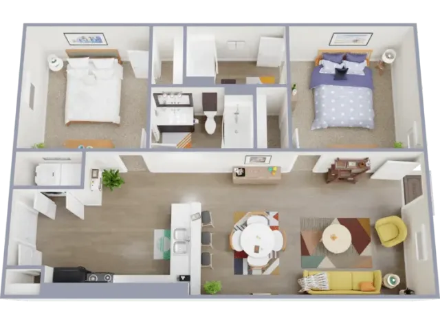 2x2 Floorplan: 2 Beds, 2 Baths