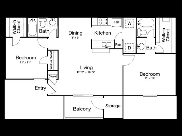 B280 Floorplan: 2 Bedrooms, 2 Bathrooms