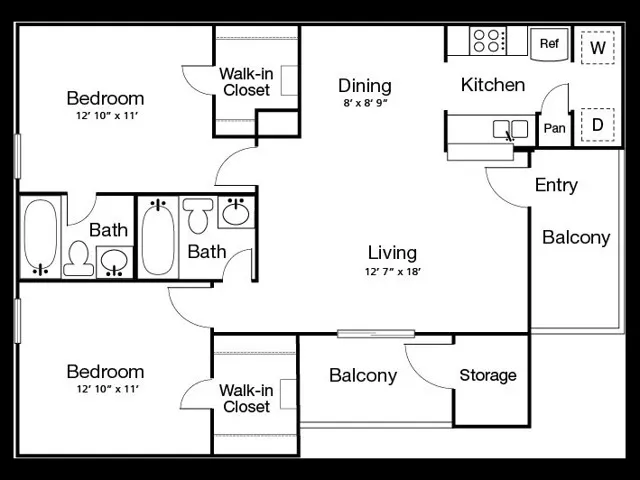 B3 Floorplan: 2 Bedroom, 2 Bathroom