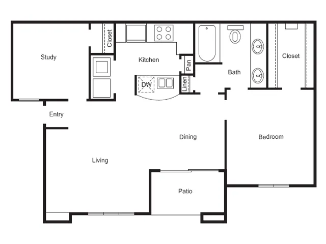 A3 Floorplan: 1 Bedroom, 1 Bathroom