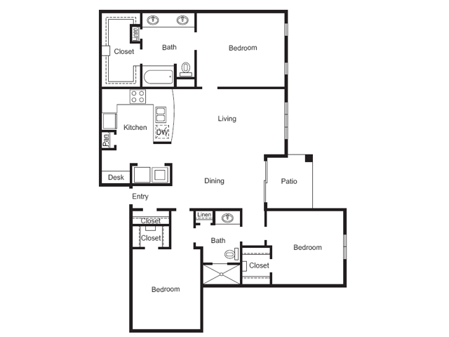 C1 Floorplan: 3 Bedroom, 2 Bathroom