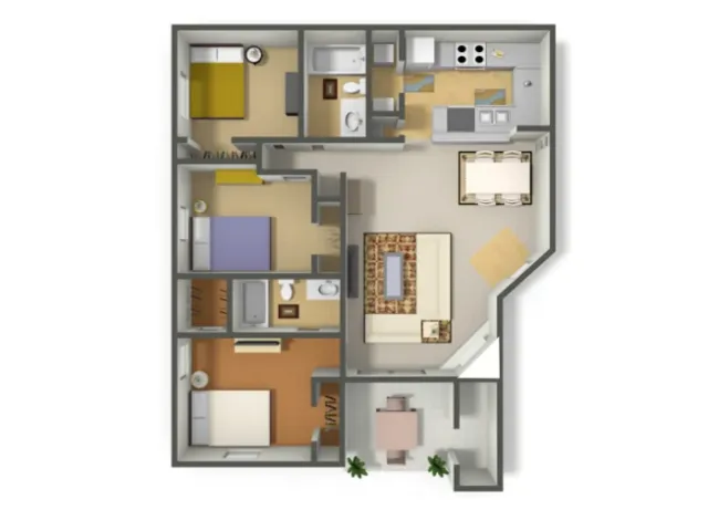 C1 Floorplan: 3 Bedroom, 2 Bathroom