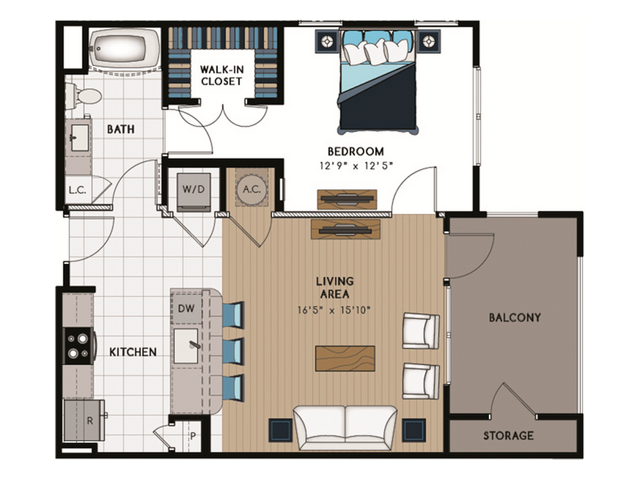 A1 Floorplan: 1 Bedroom, 1 Bathroom