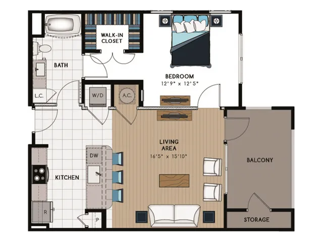 A1 Floorplan: 1 Bedroom, 1 Bathroom