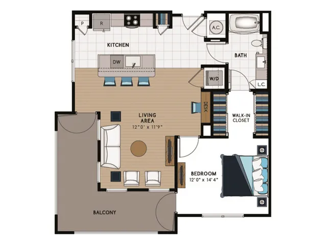 A6 Floorplan: 1 Bedroom, 1 Bathroom