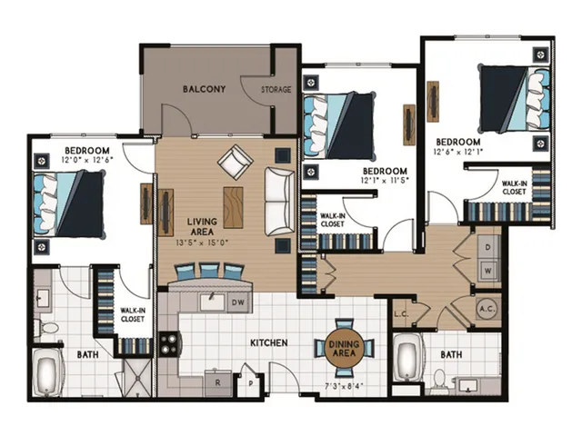 C1 Floorplan: 3 Bedroom, 2 Bathroom