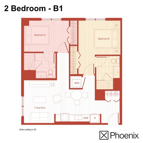 2 Bedroom B1 Layout | X Phoenix | Located in Phoenix, AZ