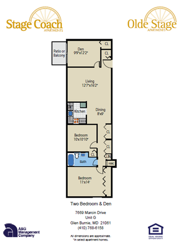 SC & OS - 2BR, 1BA, & Den - Floor Plan