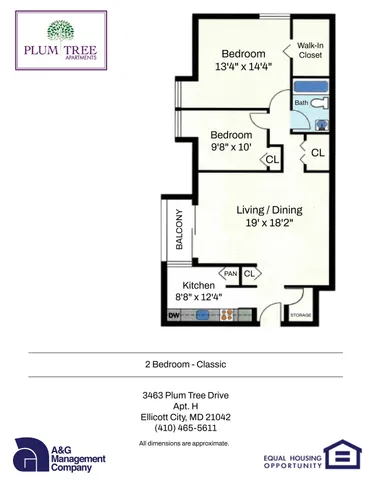 Inviting floor plan of a 2-bedroom classic apartment at Plum Tree Apartments, featuring a spacious living/dining area, modern kitchen, and a private balcony. Includes a walk-in closet and additional storage for convenience.