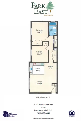Park East Apartments floor plan showcasing a 2-bedroom layout with a cozy living area, efficient kitchen, and intimate dining space in Baltimore.