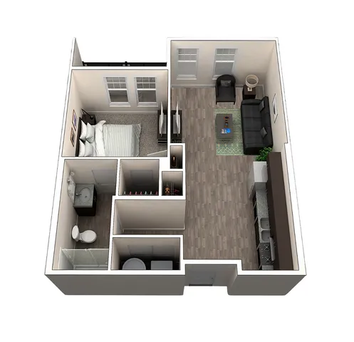 Charming 1-bedroom apartment with modern open living area and sleek kitchen design.