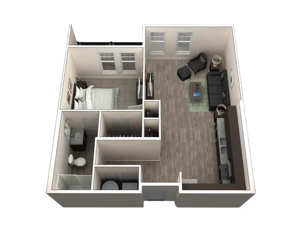 Elegant 3D floor plan of a chic one-bedroom apartment featuring an open living room, modern kitchen, and cozy bathroom.