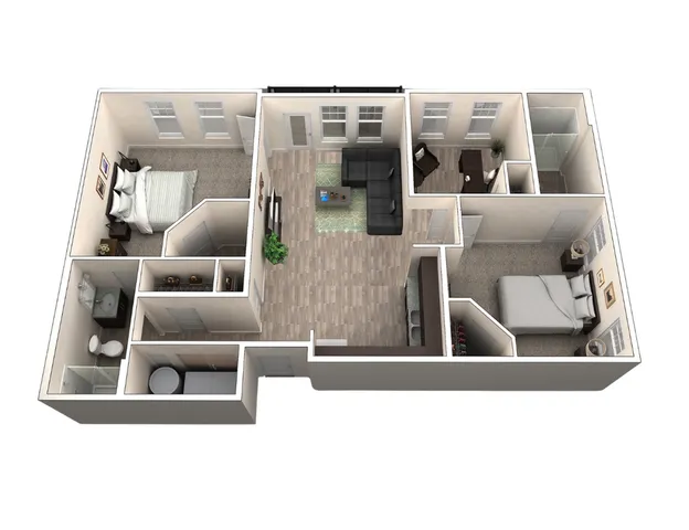 Modern 3D floor plan showcasing two spacious bedrooms, a cozy living area, and a contemporary kitchen.