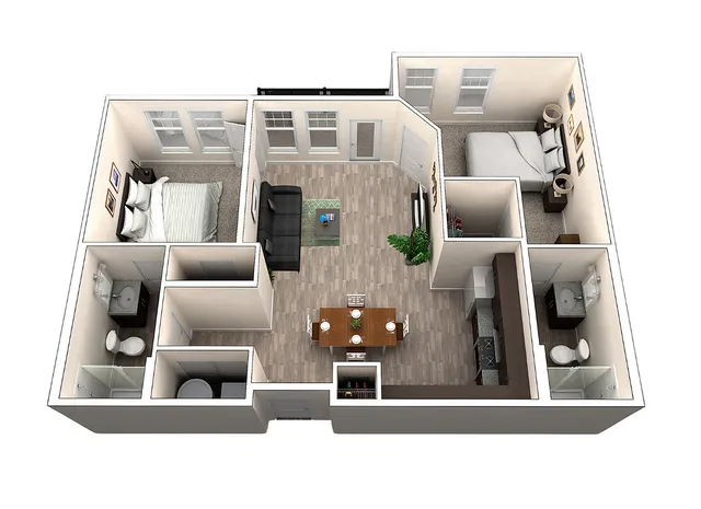 Modern 3D floor plan featuring 2 bedrooms, a cozy open living area, stylish kitchen, and two elegant bathrooms.