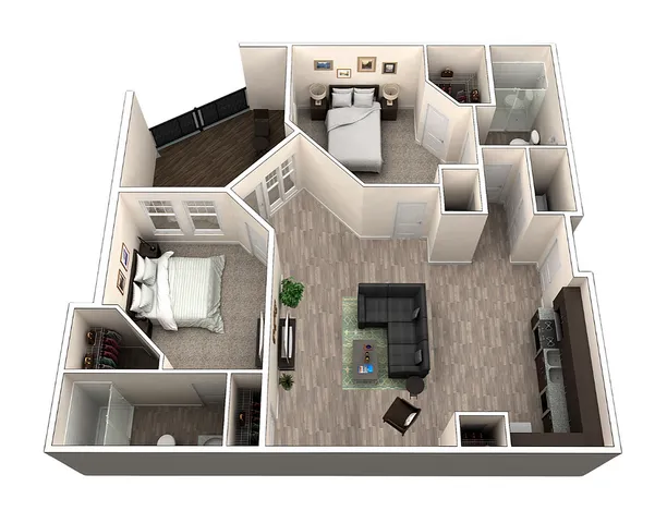 Chic 3D floor plan showcasing two cozy bedrooms, modern living room, and contemporary kitchen with elegant wood flooring.