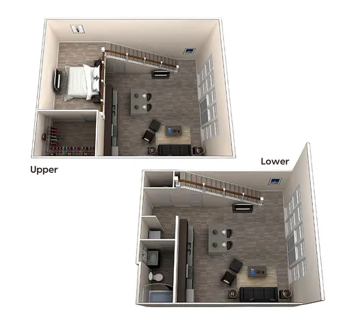 Modern 3D floor plan showcasing a stylish two-level loft with a cozy bedroom, spacious living area, and sleek kitchen on the lower level.