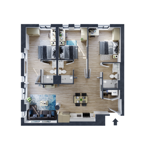 3 Bed, 3 Bath furnished student rental floorplan