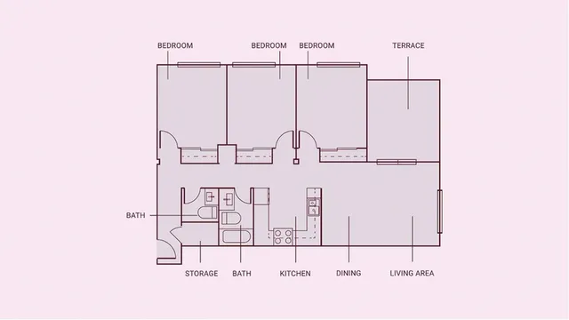 3 Bed, 1.5 Bath Student Housing Floorplan